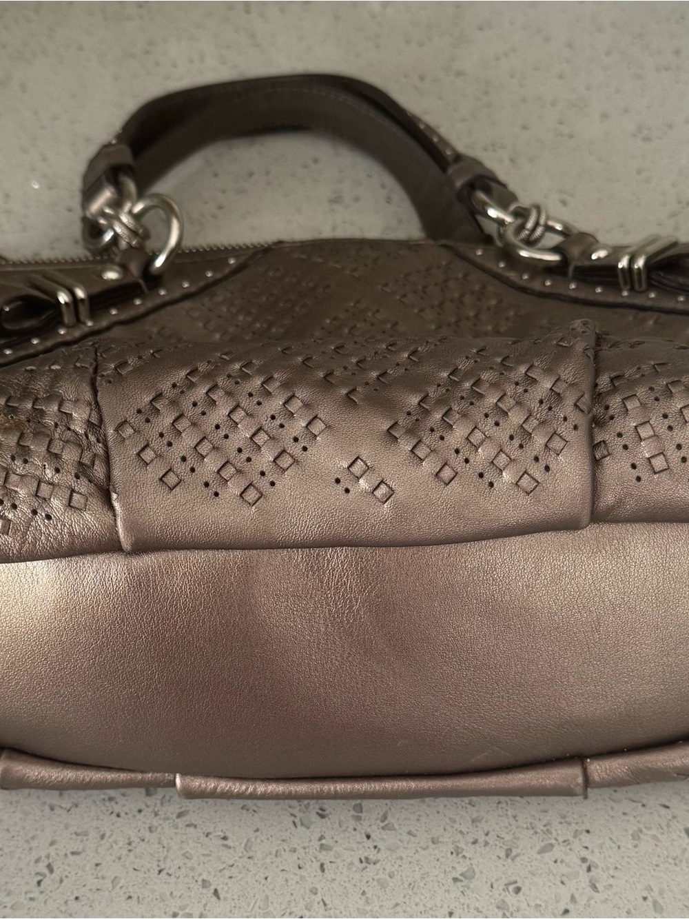 Coach Metallic Taupe Woven Leather Satchel with Stud Accents - Picture 4 of 5